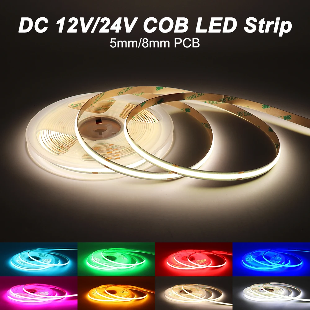 COB de 5 mm de ancho LED LED DC 12V 24 V Red Green Blue Blue rosa color amarillo cálido Color blanco Canta flexible Barra LED CRI 90 para la