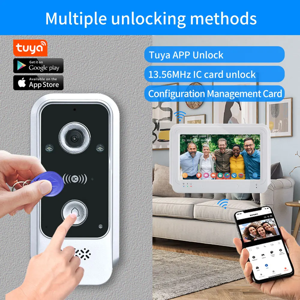 Tuya-Video Intercom System, 7 Polegada Doorphone, Touch Screen Monitor, Controle de Acesso, Vídeo Campainha, 1080P, App, IC, NFC Card Swipe