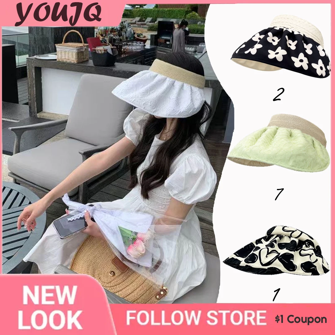 

Summer Beach Straw Hat Casquette Femme Wide Brim Empty Top Sun Visor Hats for Women Sunshade Bonnet Uv Protection Solar Gorras