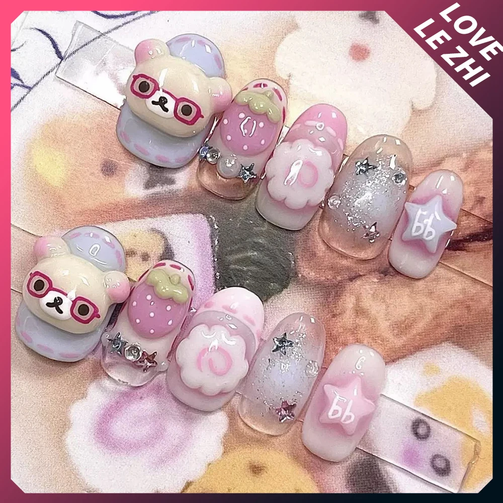 Cute Hello Kitty Handmade Press On Nails Kawai Full Cover Cartoon Rabbit Short Ballet Custom Wearable Reusable Fake Nails