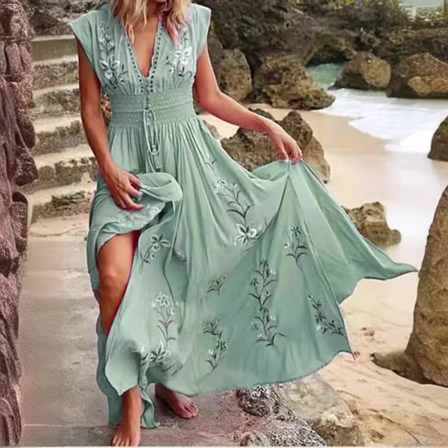 Boho-Kleid für Damen, gerüscht, V-Ausschnitt, Blumenmuster, Vintage, hohe Taille, A-Linie, langes Kleid, ärmellos, Schnürung, Jacquard, Maxi-Sommerkleid
