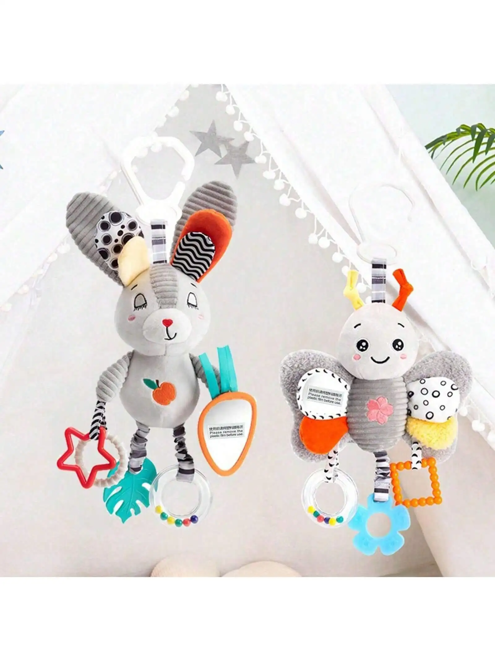 1pc Unisex Baby Car Hanging Toys, Ins Style Cute Animal Black White Grey, Visual Stimulation, Safe Car Seat Rattle, Teether