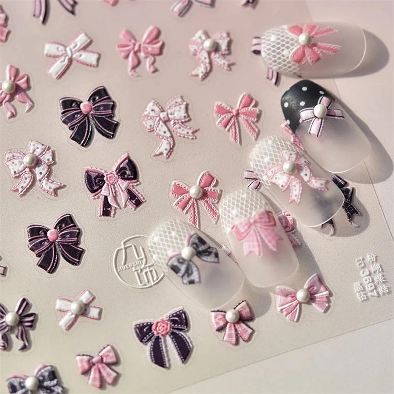 Sweet Pink Black Bowknot Nail Stickers High Quality Pearl Bead Design Adhesive Stickers Nail Art Decoration