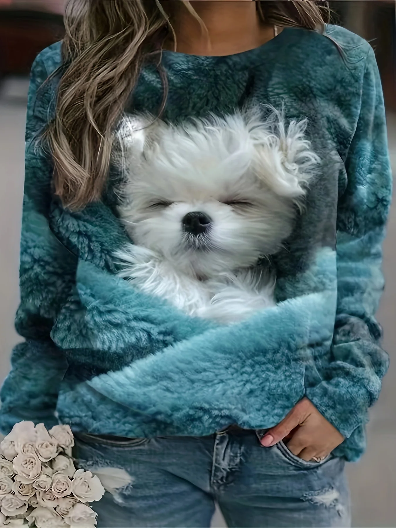 

Large size cute sweater, women's plus puppy print long-sleeved crew neck sweater