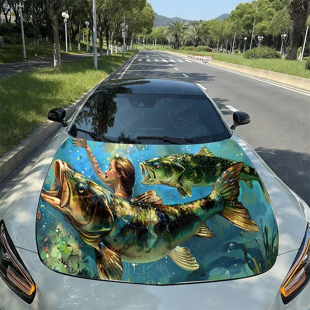 

Green Fish Spider Car Hood Sticker PVC Self Waterproof Stick,Striking Auto Exterior Accessories Decor Protect Gift for Car Lover