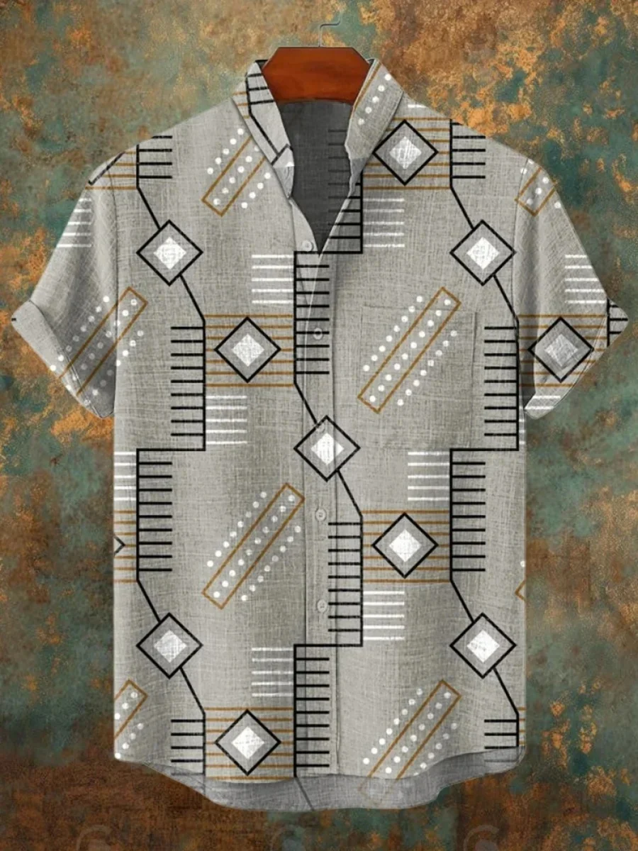 

Men's Casual Stylish Linen Short Sleeve Stand Collar Artistic Printed Hawaiian Shirt Premium Social Shirt