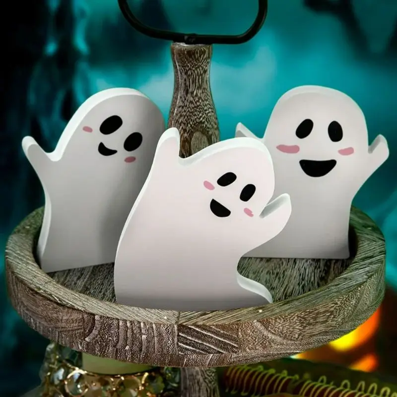 3Pcs Halloween Ghost Haunted House Tiered Tray Decorations Wooden Ghost Theme Rustic Fall Wood Sign Spooky Halloween Party