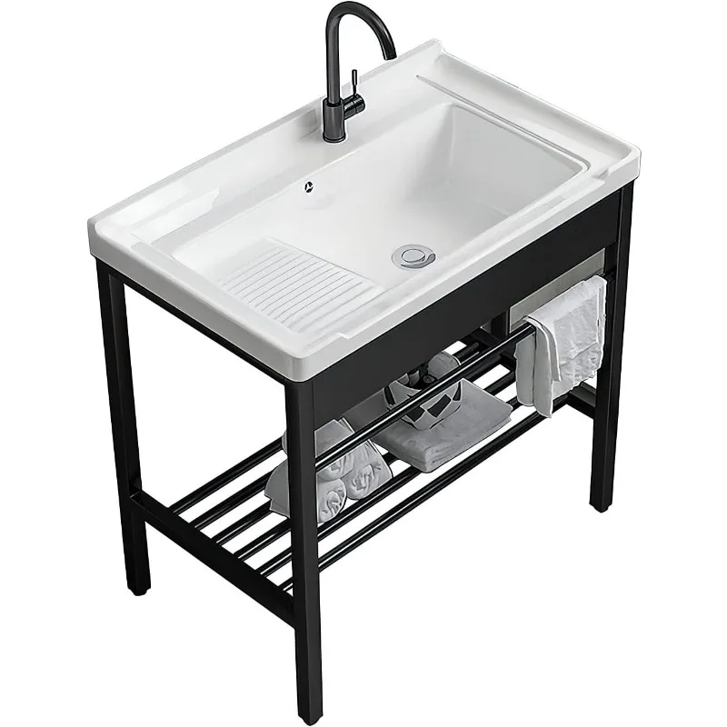 Ceramic Utility Sink with Washboard Set with Bracket and Drain Kit for Laundry Room, Utility Room, Garage, Basement