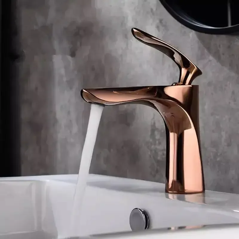 Rose Gold Bathroom Deck Mounted Brief Basin Faucet Sink Tap Single Hole Water Tap Hot and Cold Basin Mixer Faucet