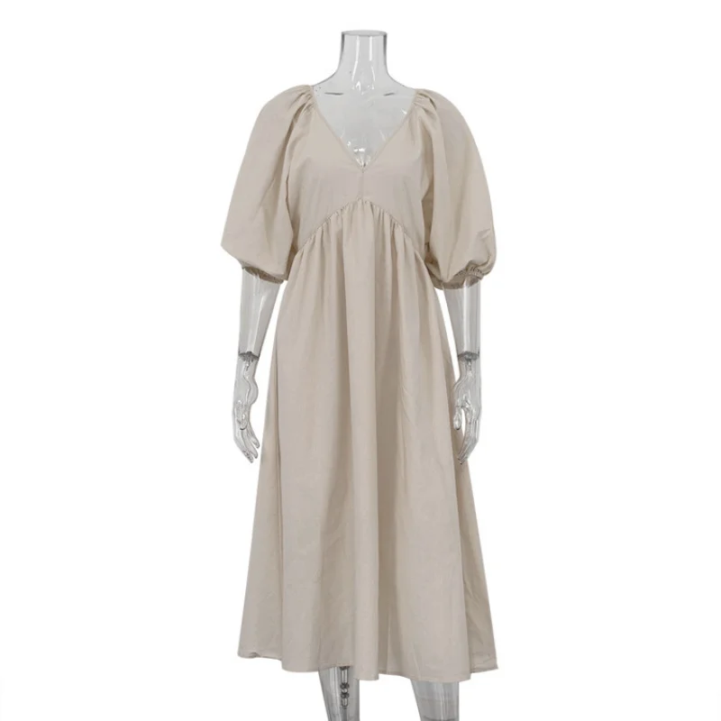 Early Autumn Fashion New Cotton Solid Color Long DressVCollared Five-Sleeve Hollow Out Backless Casual Dress