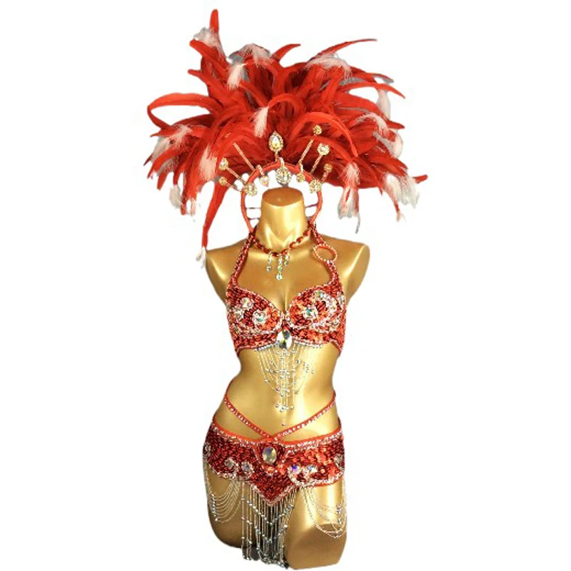 Hot Parade Costumes Women Showgirl Sexy Samba Queens Rio Carnival Costume With Feather Headdress Red Belly Dance Clothes Outfits