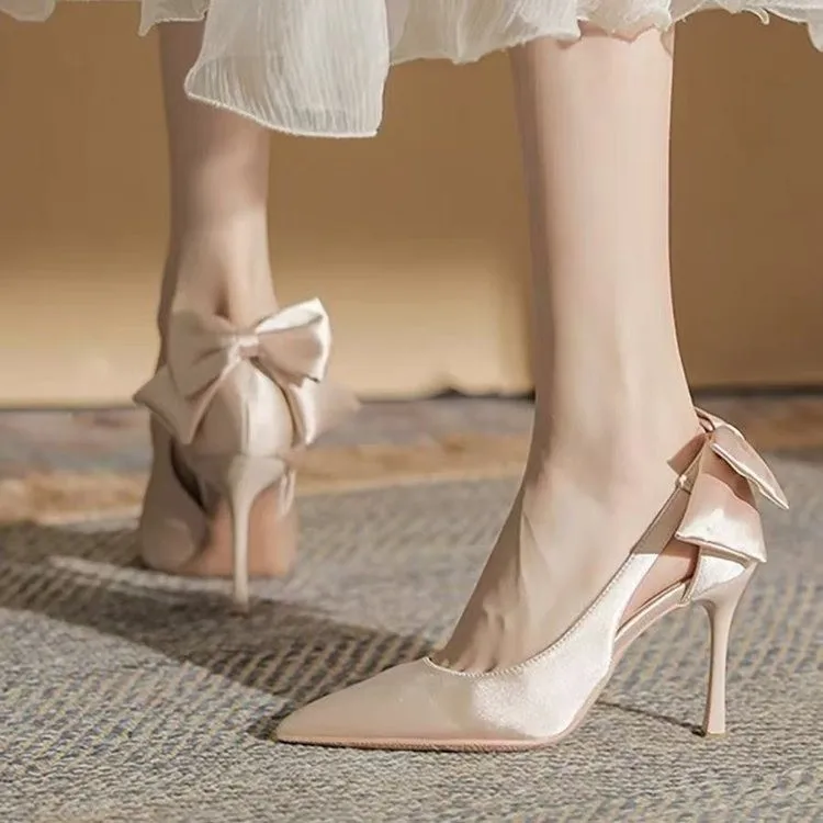 Wedding Heels Women Luxury Brand Design String Bead Pearls High Heels Ladies Sexy Elegant Pointed Toe White Black Pumps view 4