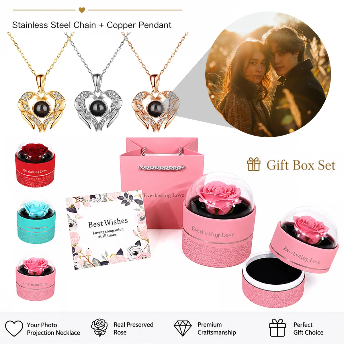 Custom Photo Projection Heart Necklace Rose Gift Box Set Stainless Steel Chain Valentine's Christmas Anniversary For Women Mom
