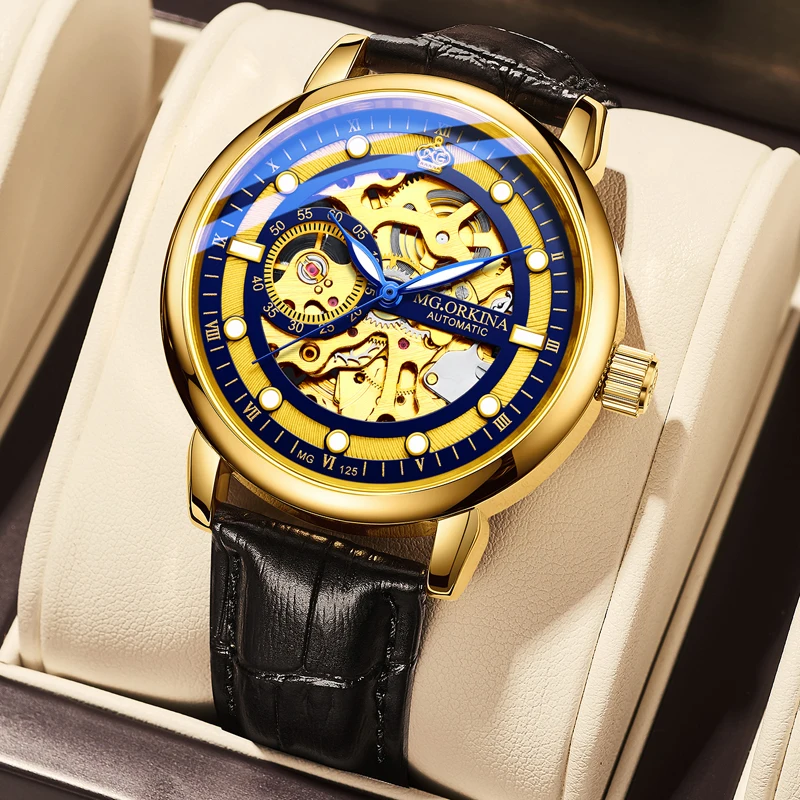 Модные золотые механические часы со скелетом, мужские лучшие брендовые роскошные кожаные автоматические полые наручные часы, кожаные военные часы для мужчин