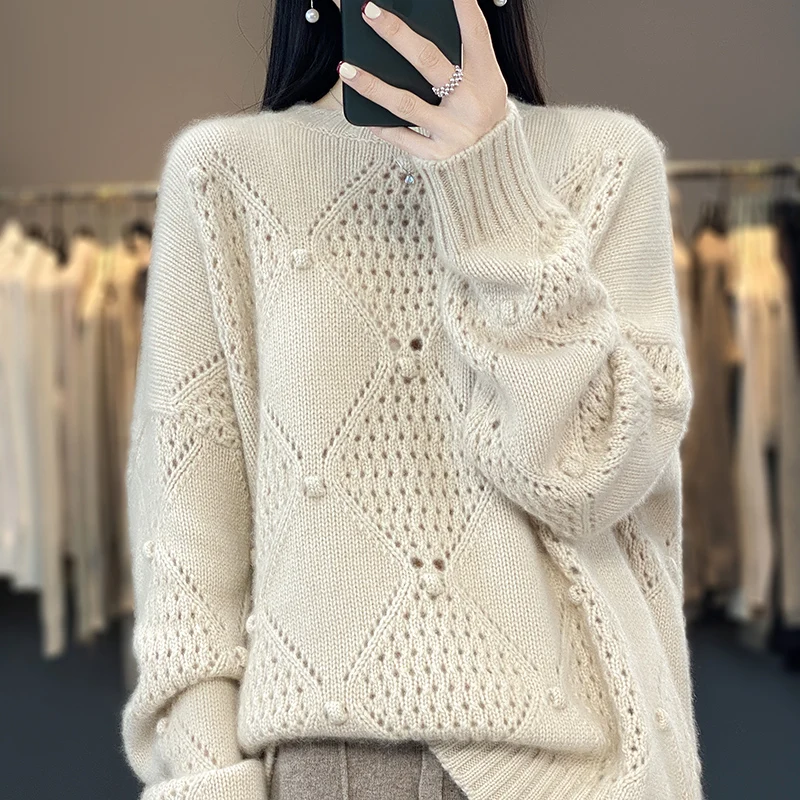 

Europe Station New Heavy Industry Doudou Cashmere Sweater Women Round Neck Lozenge Hollow Sweater Loose Lazy Wind Sweater Thick