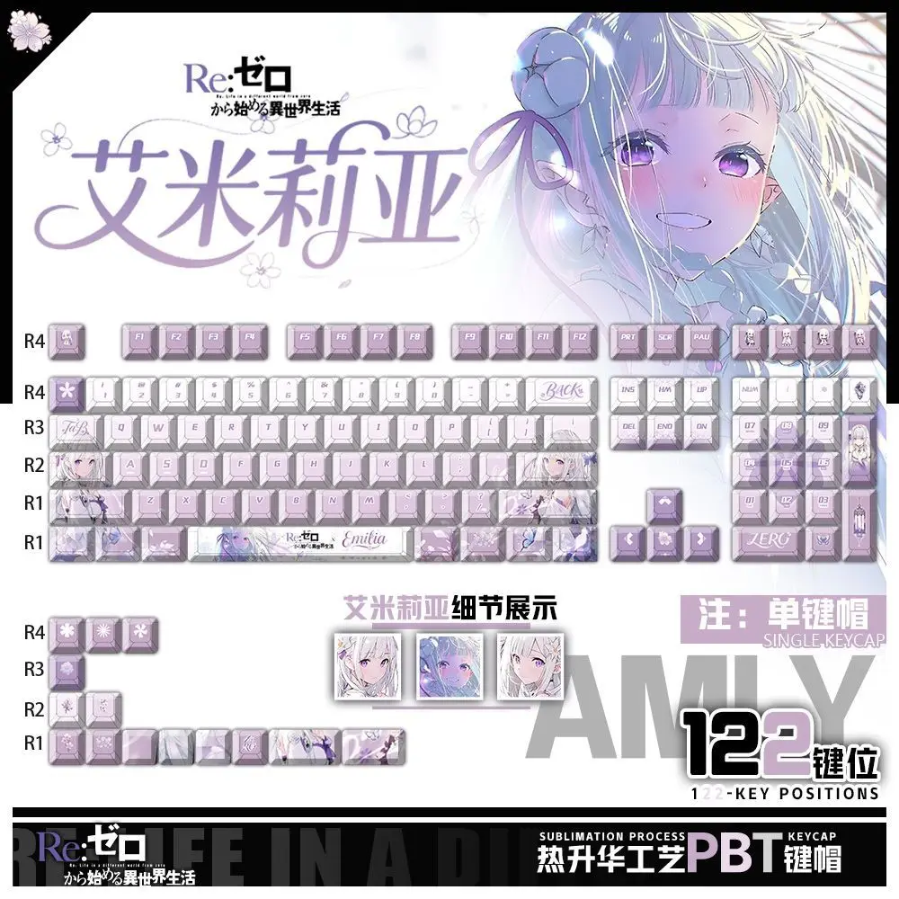 

122 клавиши Emilia Custom Keycaps Аниме Game Chreey 2D PBT Прозрачные колпачки для клавиш Made68 Mad68 Wooting 60 Механическая клавиатура