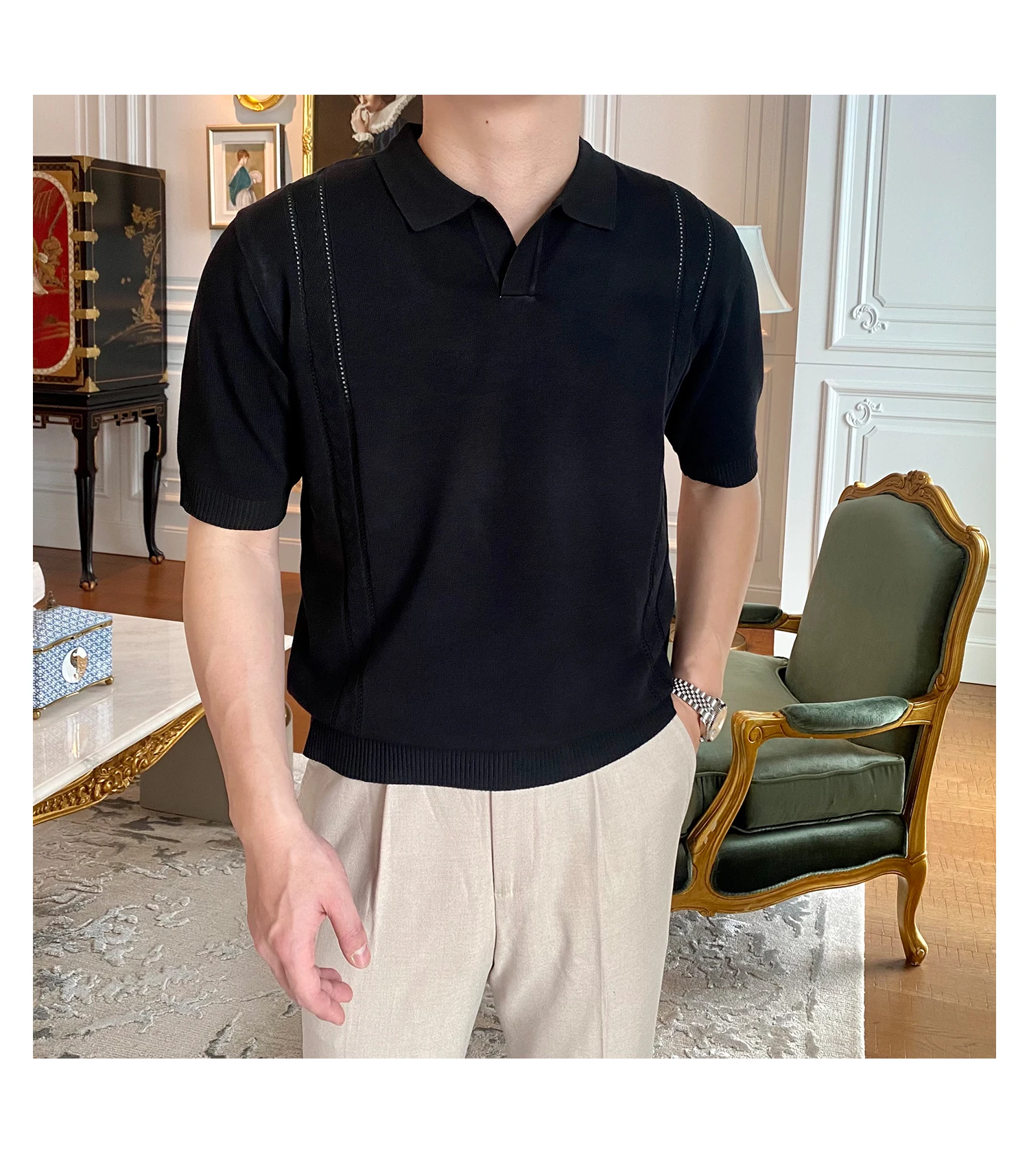 

Men's Luxury Knitted Button-down Polo Shirt Leisure Solid Color Short Sleeve Shirts Breathable Fashion Korean Knitwear C74