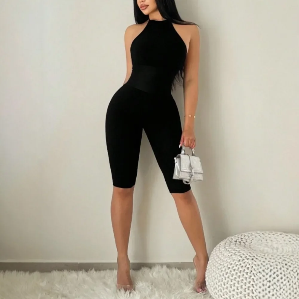 Sweet Hot Street Style Black Slim Fit Jumpsuit Women Halter Neck Backless Bodycon Shorts