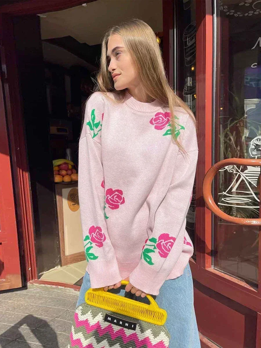 Bornladies Flower Print Fashion Sweater Women\'s Casual Loose Female Knitted Top Winter Thick Warm Oversized Knitted Pullover
