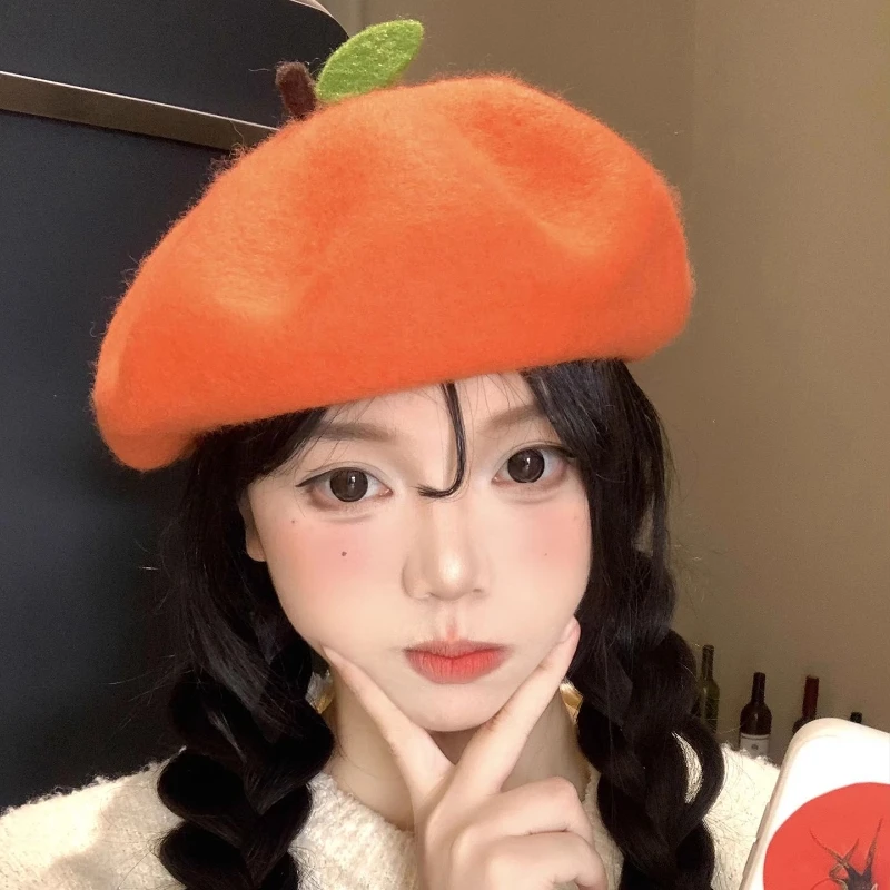 Ins New Funny Cute Orange Woolen Berets Cap for Woman Autumn and Winter Casual Versatile Show Face Small Sweet Painter Hats view 2