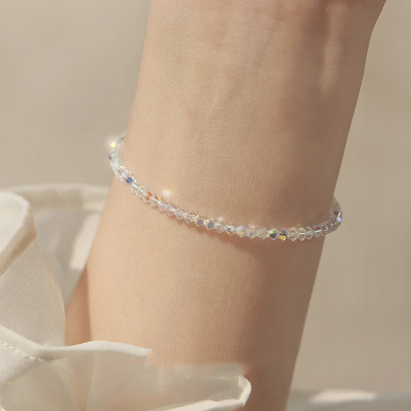 Shiny Cute Faceted Crystal Beads Bracelet Korean Thin Trend Adjustable Rhinestone Strand Bangle Zircon Stretchy Woman Jewelry