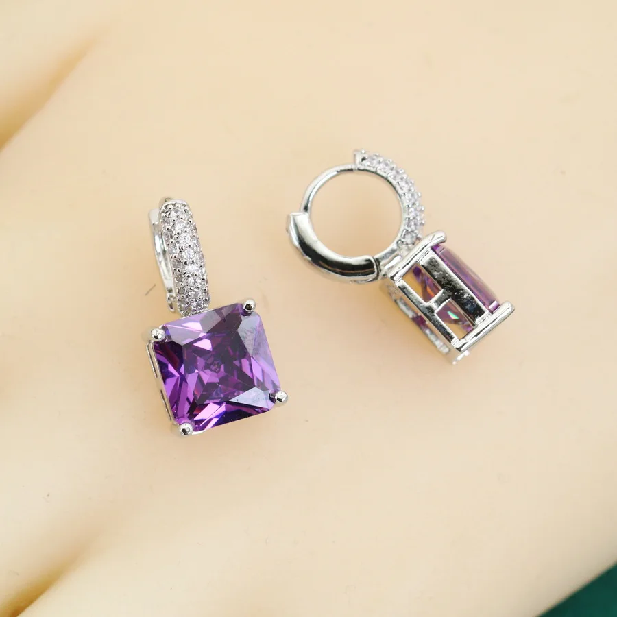 Exquisite Purple Crystal 925 Silver Jewelry Sets for Women Earrings Necklace Ring Bracelet Wedding Gift