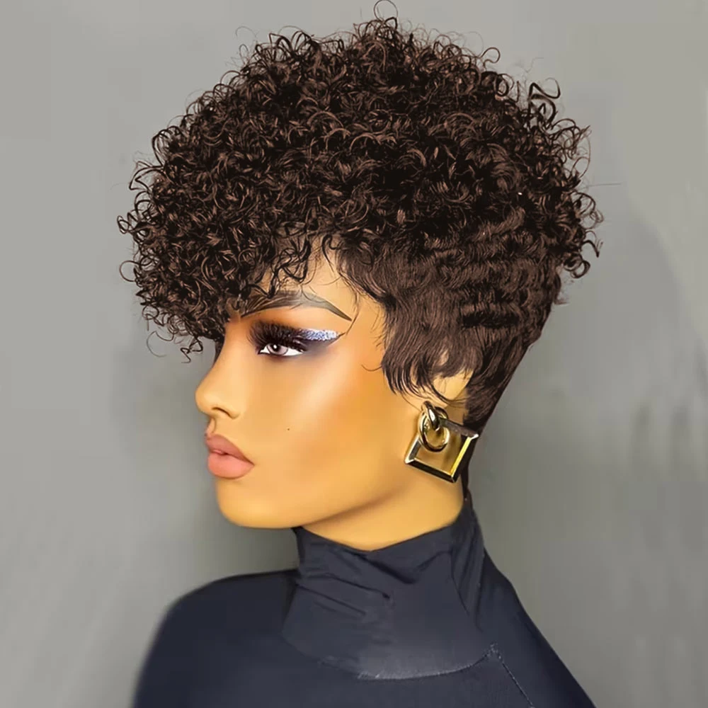 شعر مستعار أفرو غريب مجعد قصير للنساء # 4 شعر بشري ريمي 100% بني اللون، شعر مستعار أفريقي مصنوع آليًا #5