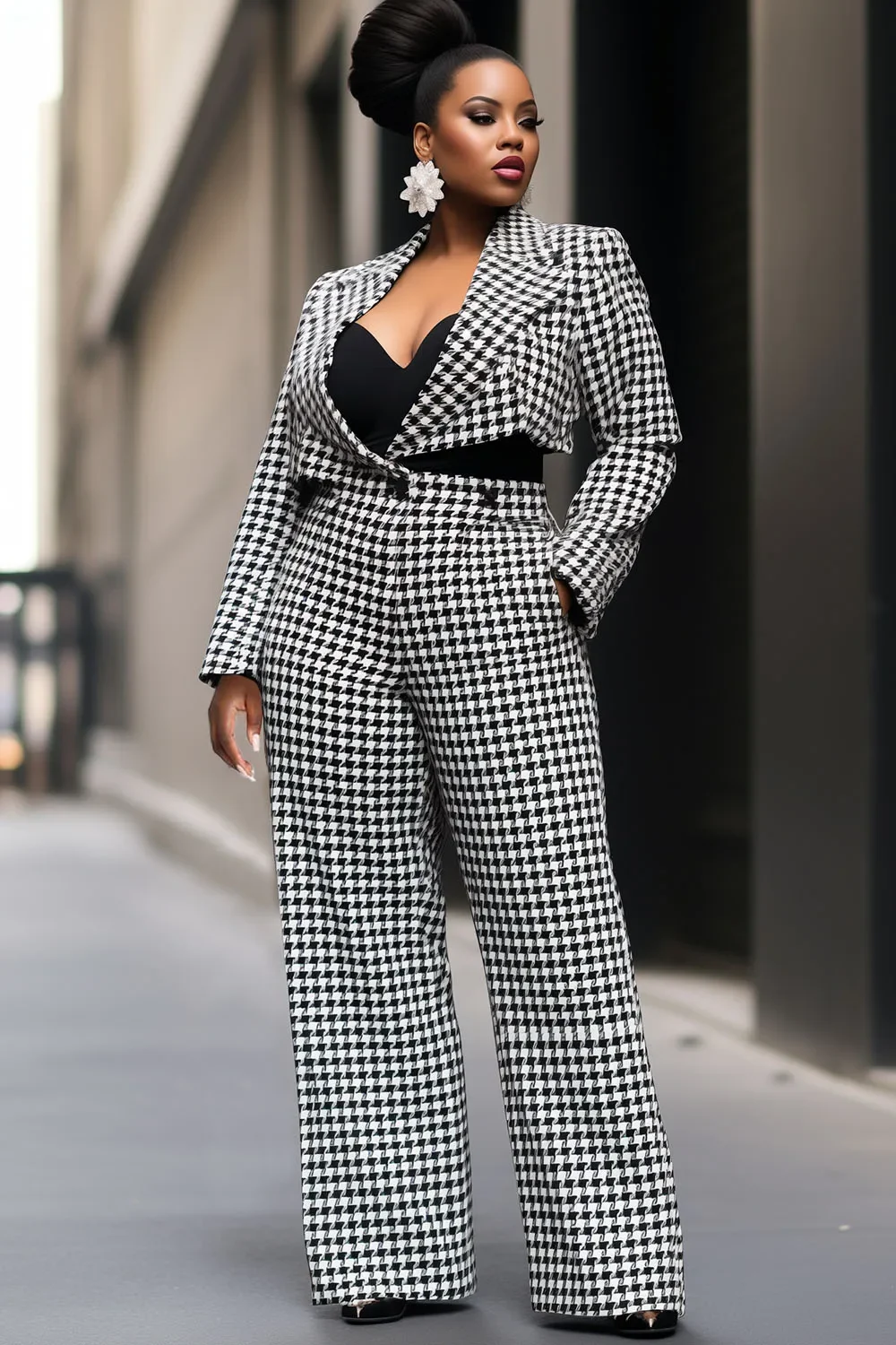 

Plus Size Women's Matching Set Business Casual Black Houndstooth Turndown Collar Long Sleeve Pocket Tweed Two Piece Pant Suits