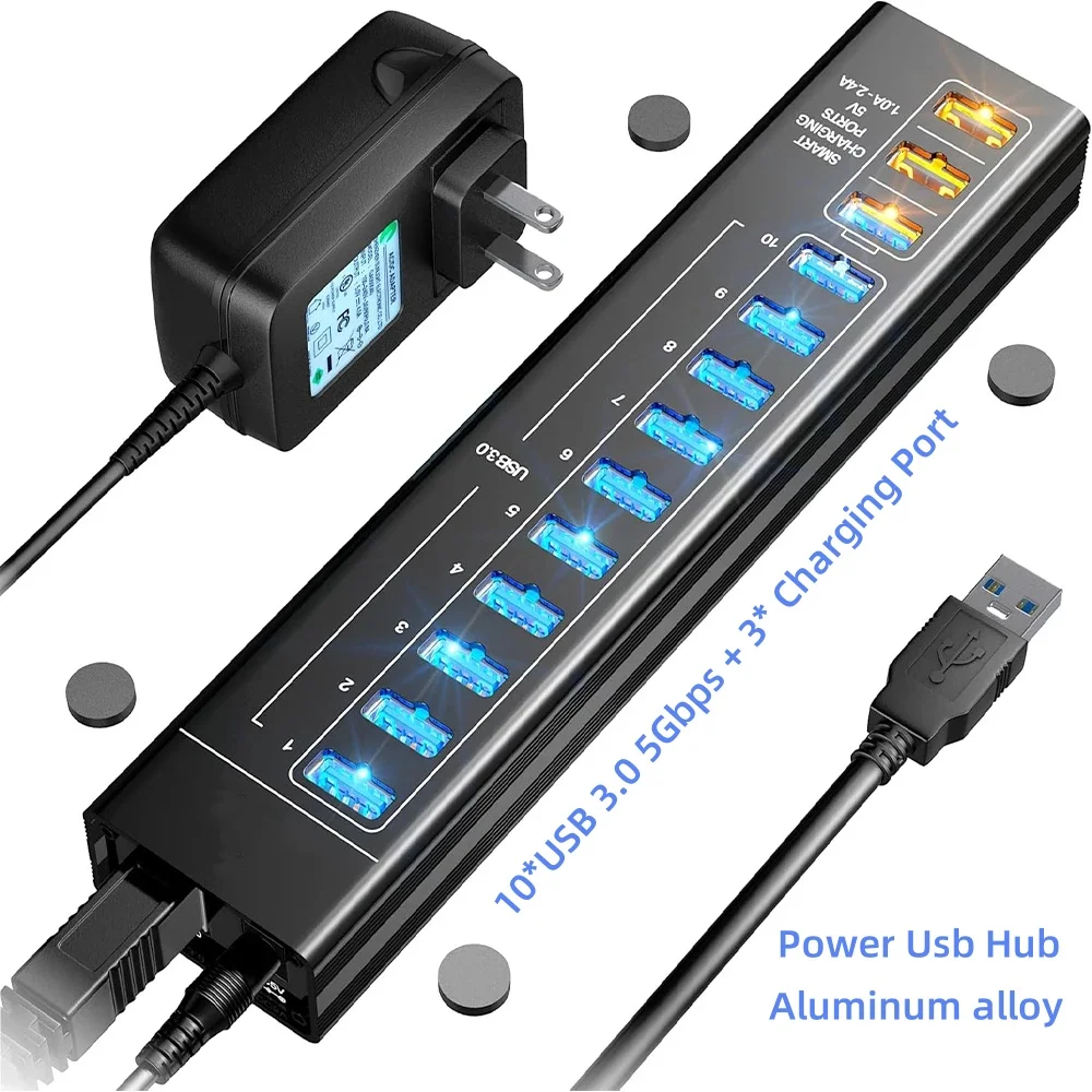 

13 портов USB-концентратор 3,0 5 Гбит/с из алюминиевого сплава USB A 3.0, разветвитель, удлинитель док-станции, адаптер питания 5 В для ноутбука Macbook, настольного компьютера