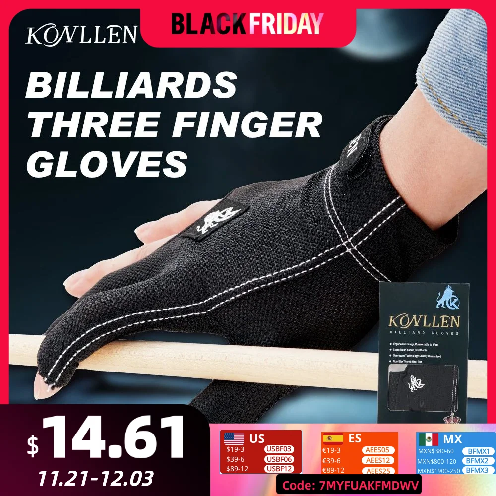 KONLLEN pool gloves 3-finger billiards gloves left and right-hand durable double-stitched snooker cue professional gloves