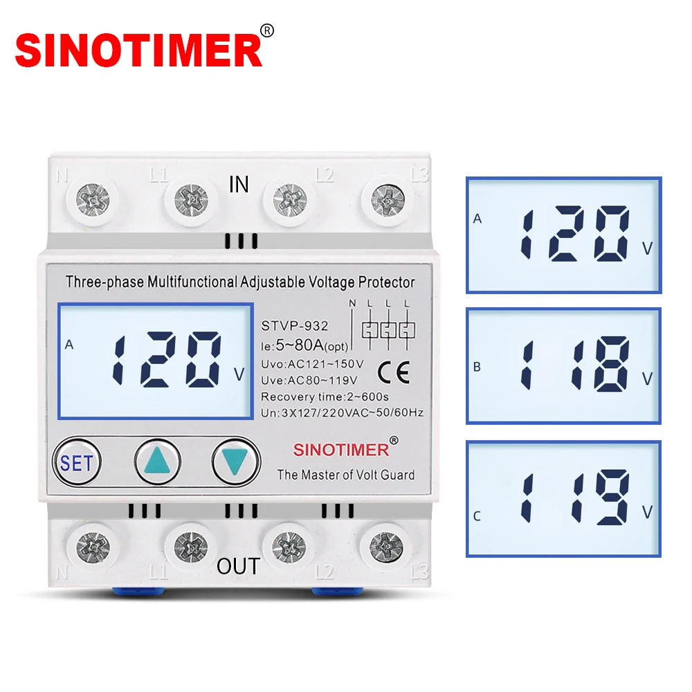 3 Phase 4 Wire Adjustable Surge Voltage Protector 3*127V/220VAC 80A Automatic Recovery Over Under Voltage Protective Device 60Hz