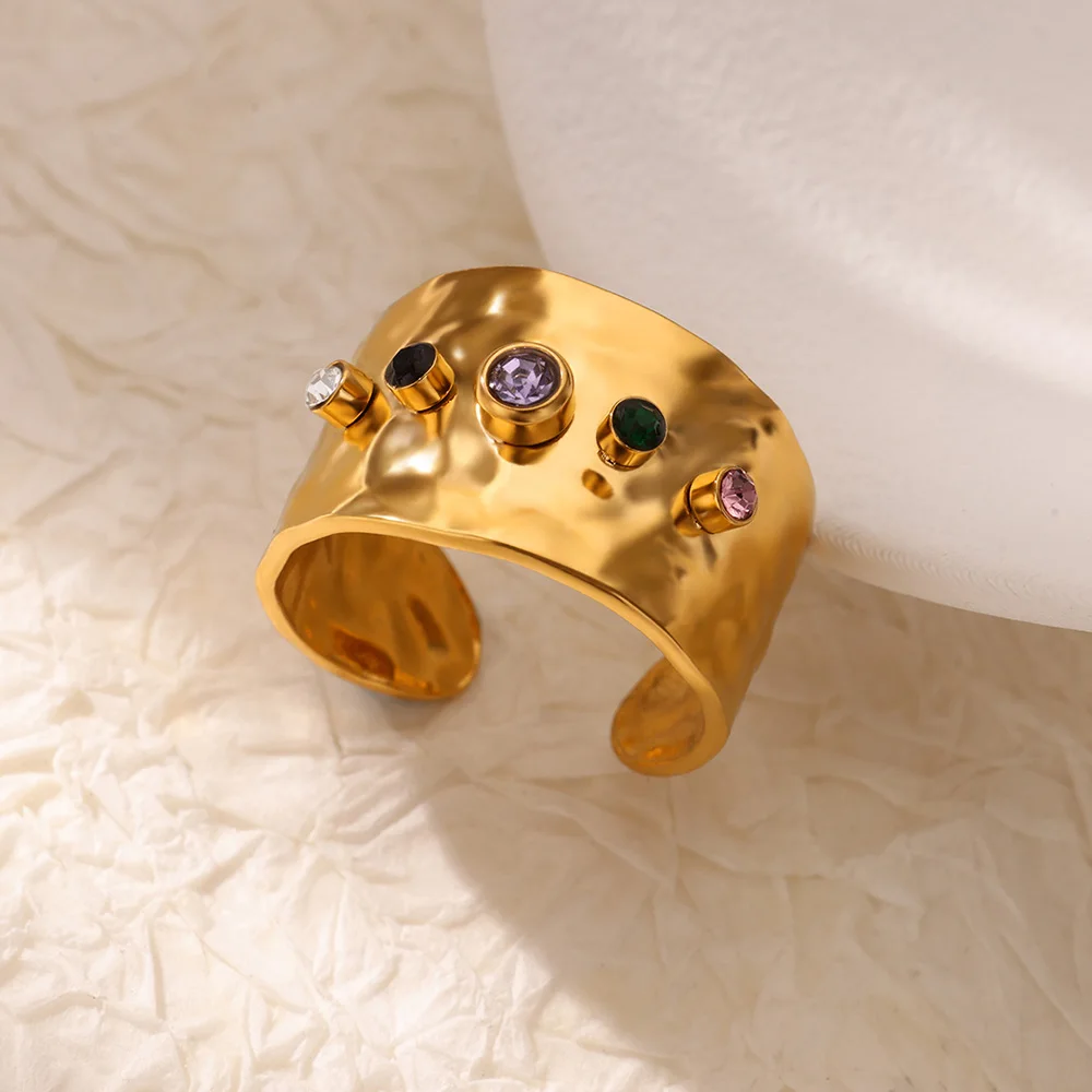 Anéis abertos largos de zircônia colorida para mulheres homens cor dourada anel de aço inoxidável joias à prova d'água para casamento melhor amigo presente