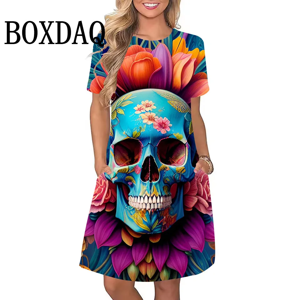 3D Skull Flowers Print Dress For Women's Clothing Casual Short Sleeve Streetwear Hip Hop Dresses Summer Trend Loose A-Line Dress