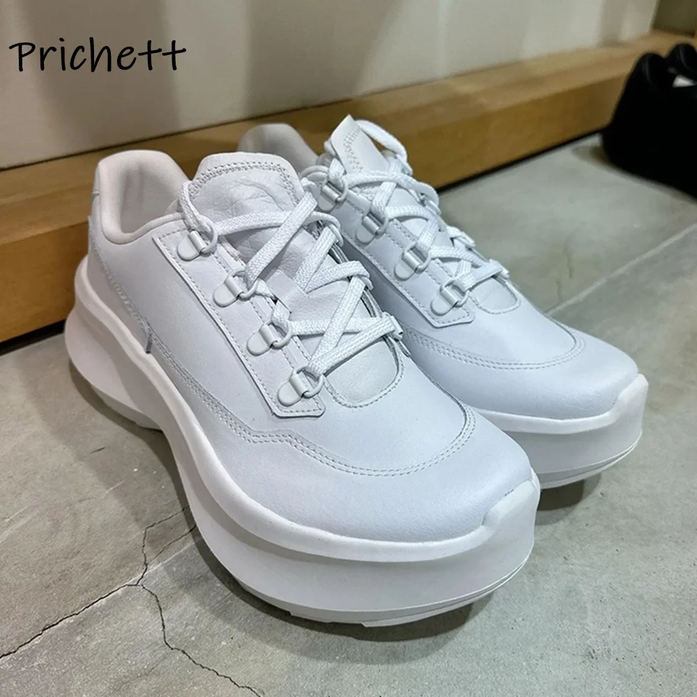 Solid Thick Soled Pumps Cross Tied Lace Up Black White Leisure Sneakers Women's Fashion 7 Cm High Increase Concise Shoes 2025
