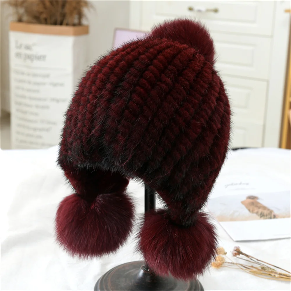 New fashion Genuine natural women\'s knitted Mink Fur Hat Winter Womens Mink Fur Hats hand made knit Fluffy Ladies Fur Beanie