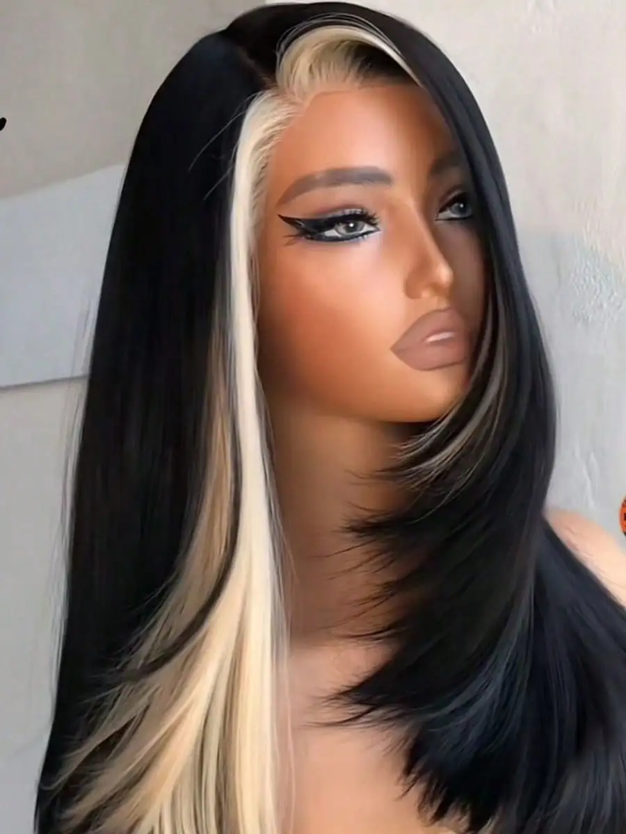 Highlight White Bone Straight 13x4 HD Transparent Lace Front Wig Black and White Glueless Human Hair for Women 200% Density