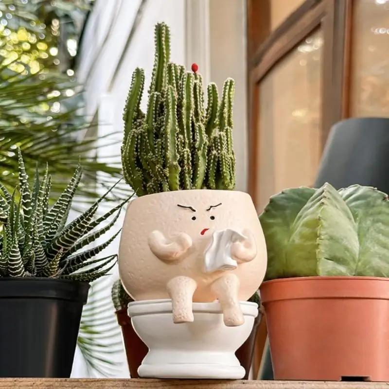 QX2E Fashion Resin Toilet Flowerpot for Indoor Plant With Good Drainage Systems Perfect for Offices and Home Decorating