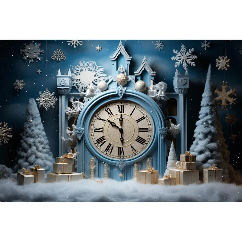 Christmas Clock Backdrop Celebrate New Year Party Banner Xmas Tree Snowflakes Gift Boxes Decoration Backgrounds Photo Studio