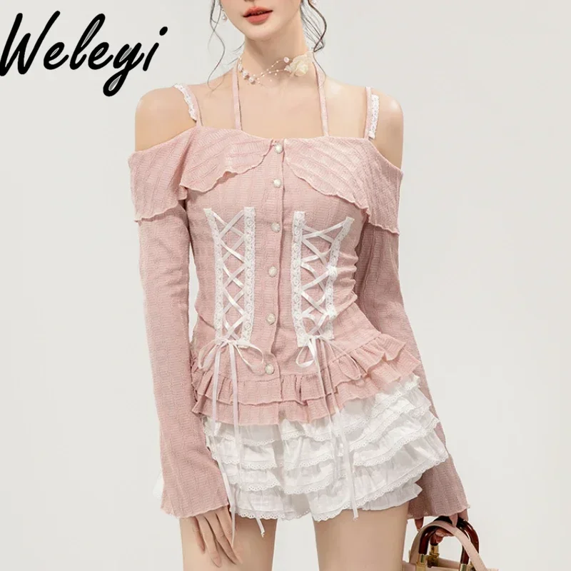 Sweet Hot Girl Off Shoulder Suspender Blouse 2024 New Women's Long Sleeve Chiffon Bandage Slim-Fit Irregular Drawstring Shirts