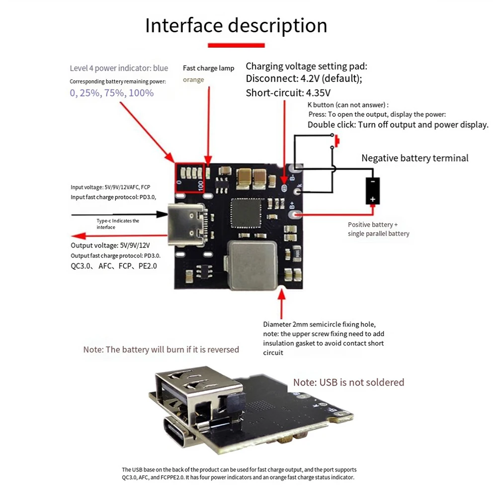 Bateria litowa typu C USB 18W płyta ochronna ładowania dwukierunkowa szybka moduł ładowania obsługuje PD3.0 QC3.0 AFC FCP PE2.0