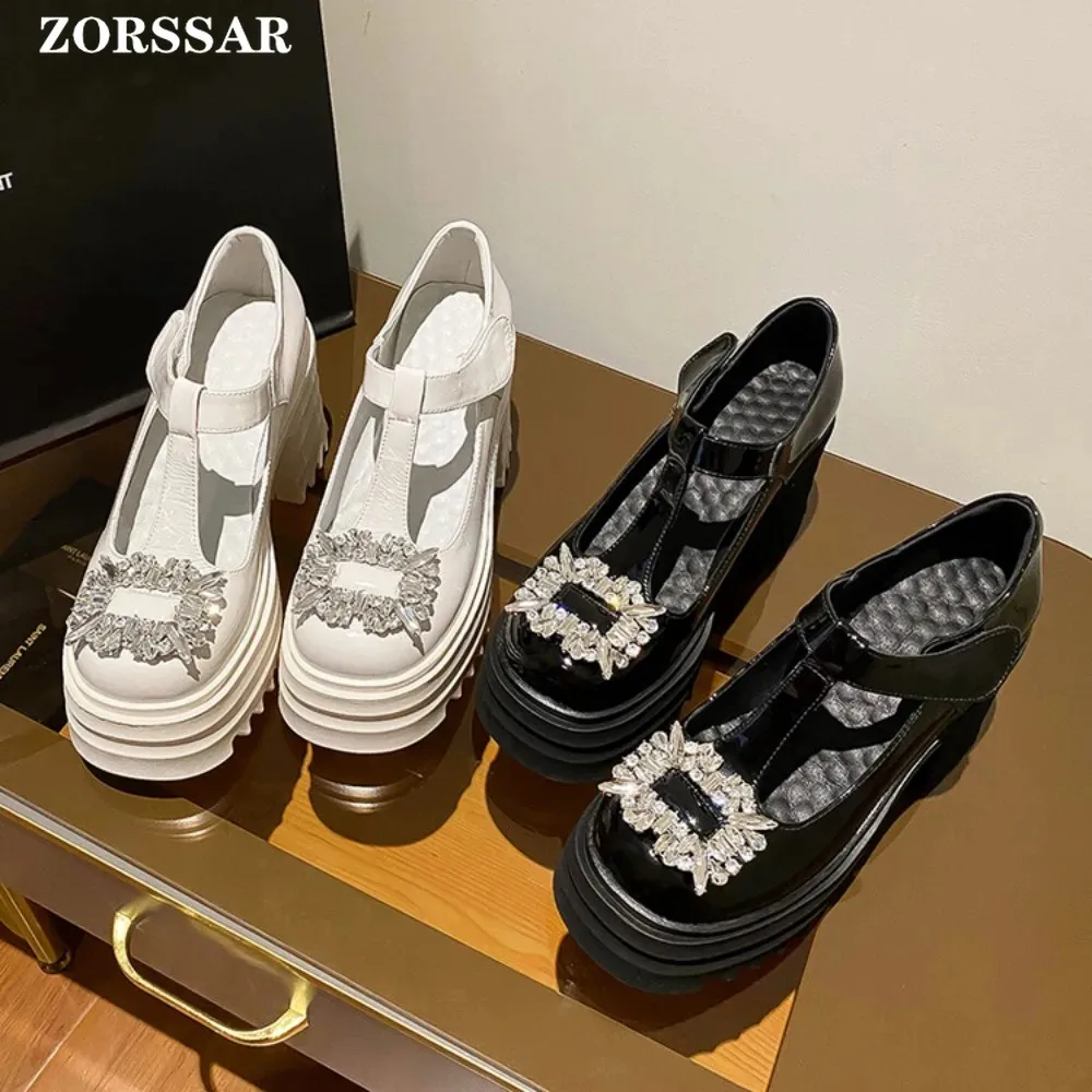 Rhinestone białe buty na wysokim obcasie czółenka na platformie damskie grube obcasy Mary Janes kobieta lakierowane buty na wysokim obcasie buty