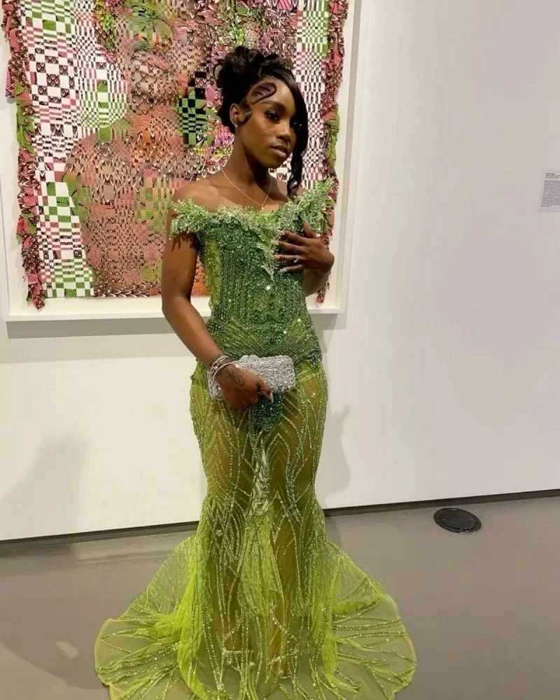 Vestidos largos de fiesta color verde lima para chicas negras, vestidos de noche africanos americanos con abertura y cuentas, vestidos de fiesta de cumpleaños personalizados