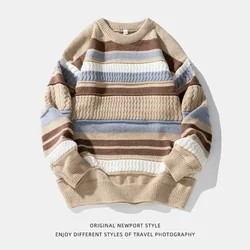 Autumn/winter Stripe Splicing Round Neck High-quality Knitted Sweater for Men's New Loose Fashion Brand Casual Couples Sweater