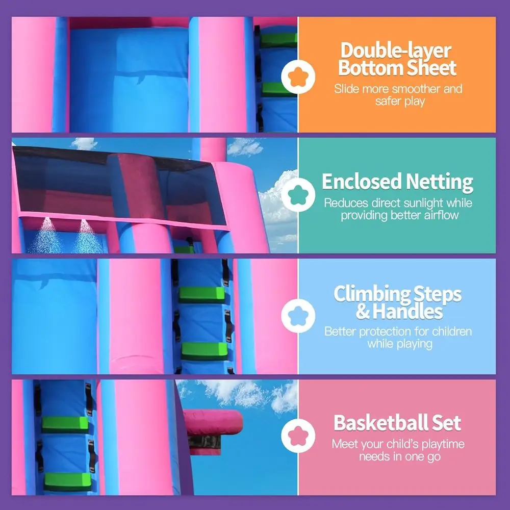 26FT Iatable waterglijbaan voor kinderen, PVC commerciële waterglijbaan met splashpool, 4-in-1 waterglijbaan met klimmen en mand