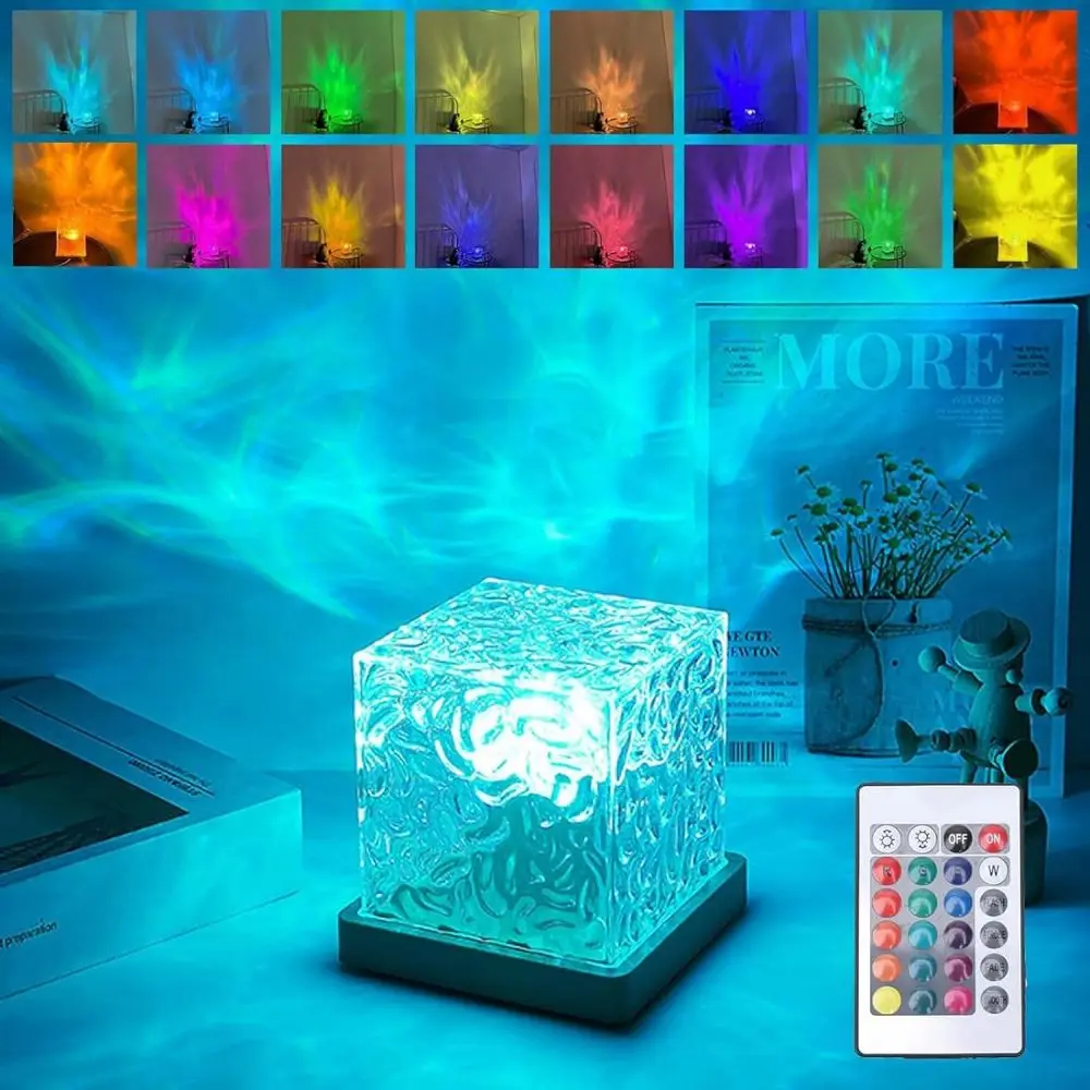 Stained Glass Lamp Dynamic Rotating Water Ripple Projector Night Light Flame Crystal Lamp Room Study Bedroom Bedside Decor Gifts