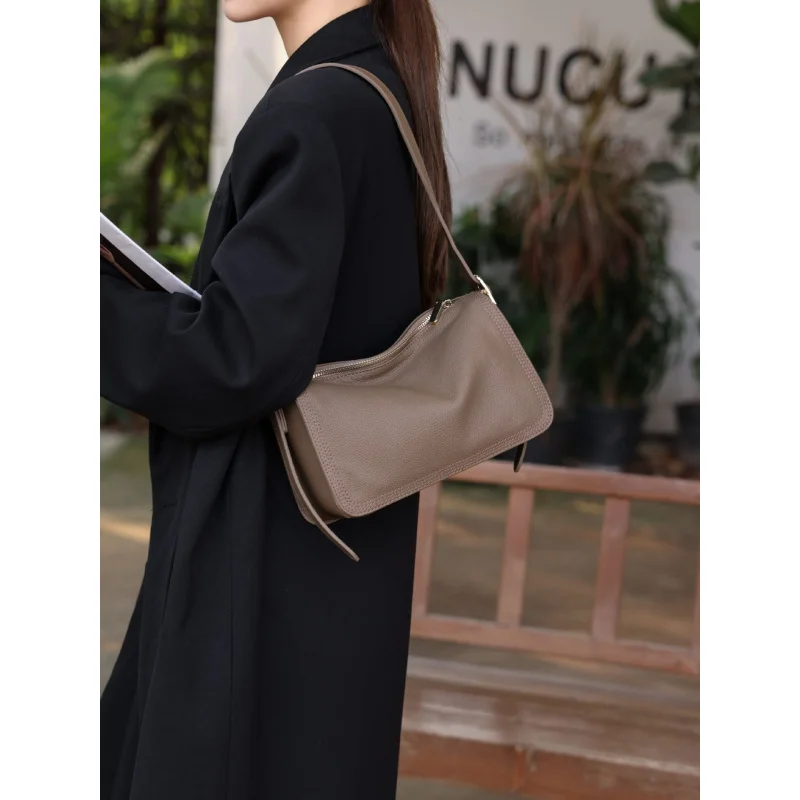 New Lychee Pattern First Layer Cowhide French Style High-Grade Shoulder Handbag women's bag