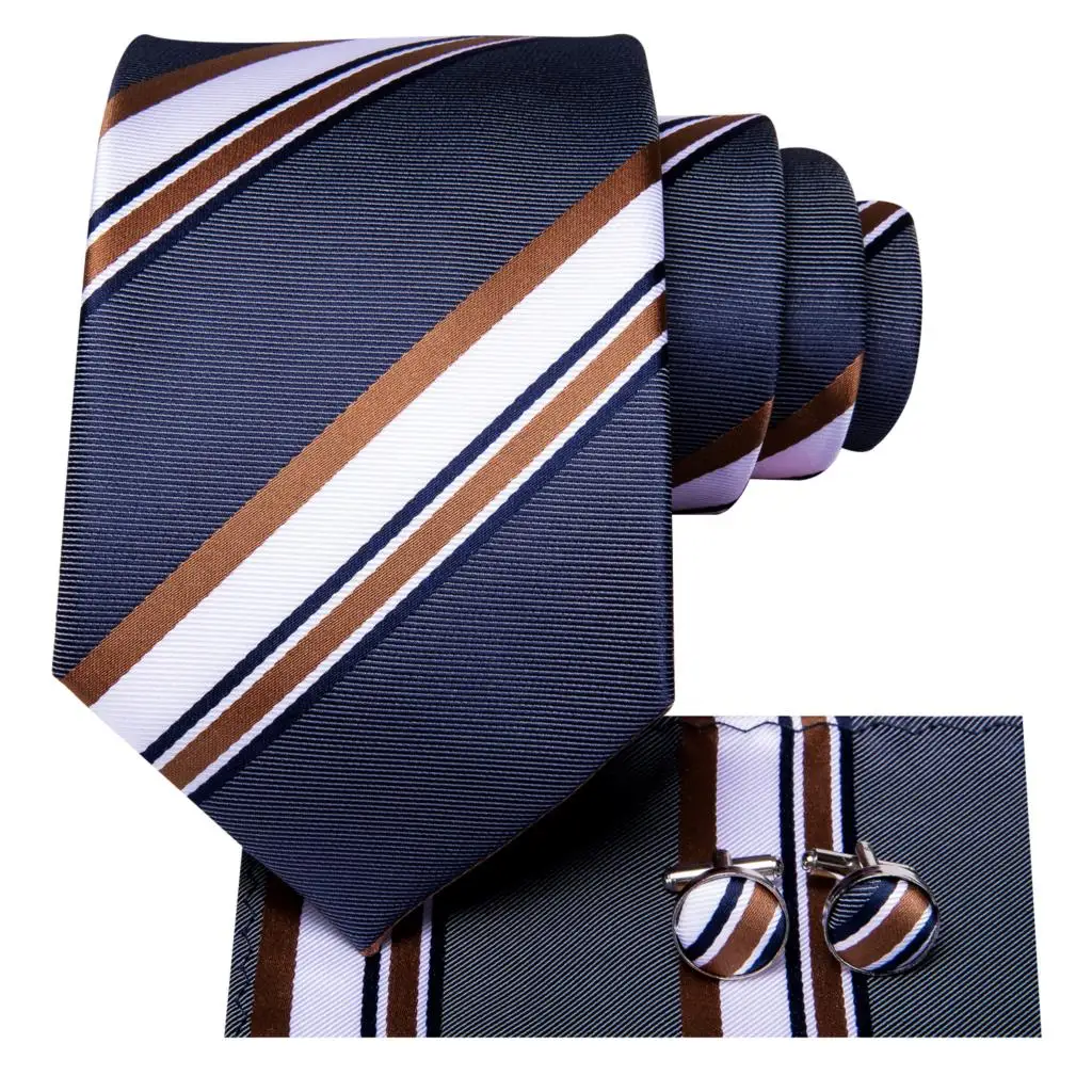Grey White Striped 2023 New Elegant Men Tie Hanky Cufflink Silk Necktie For Men Wedding Party Business Fashion Brand Hi-Tie