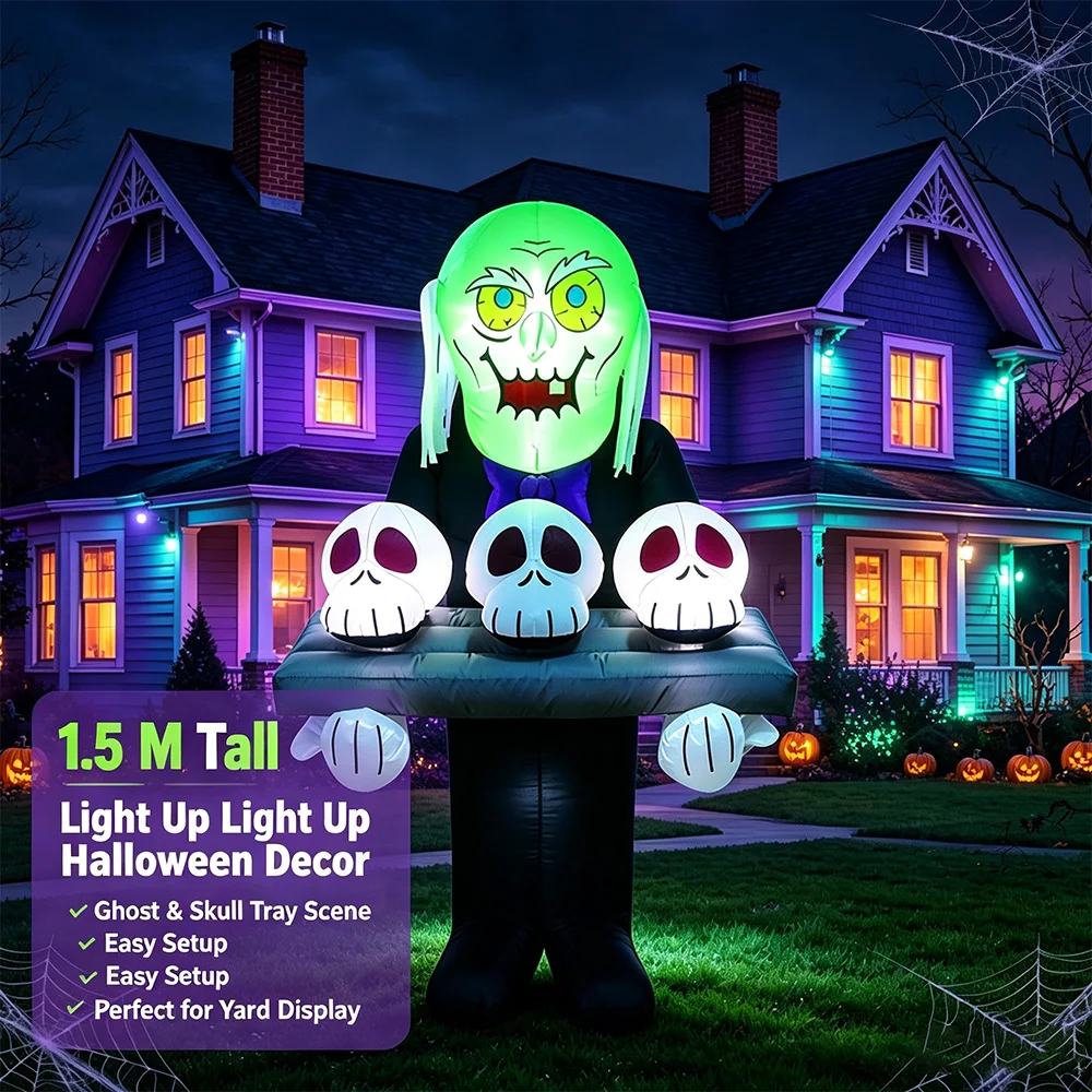 1.5M Inflatable Halloween Ghost Butler Skeleton with Serving Tray LED Lighted Yard Decor Outdoor Blow Up Ornament