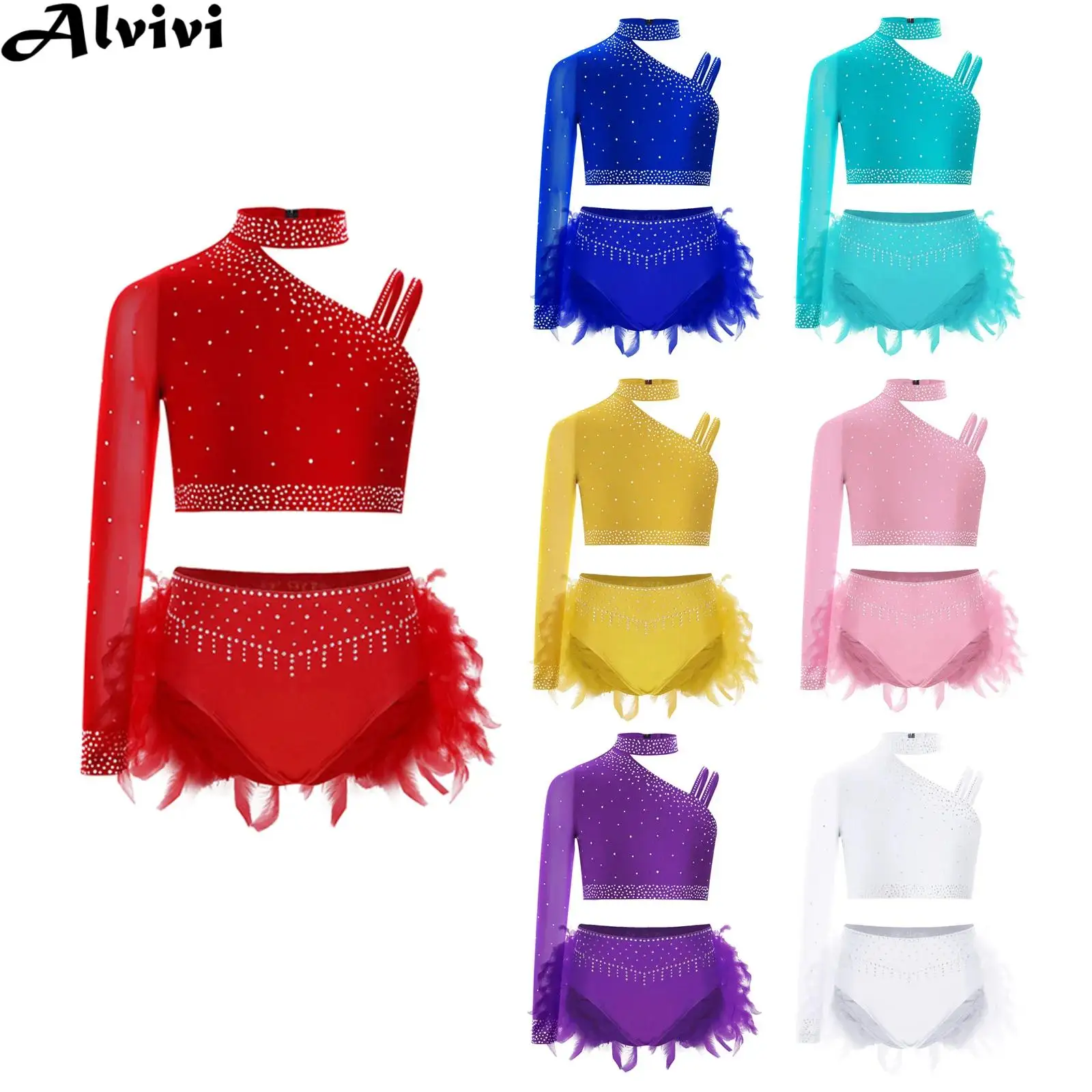 Kids Girls Figure Skating Outfit Modern Lyrical Latin Jazz Dance Cha-cha Costume Shiny Rhinestone Crop Top with Feather Briefs