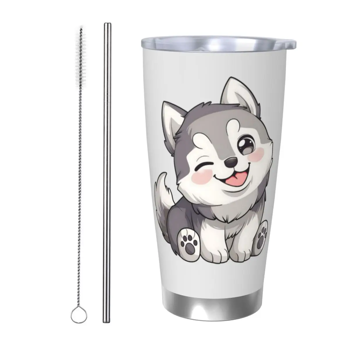 

Cute Winking Kawaii Husky Stainless Steel Tumbler Vacuum Insulated Mugs Thermal Cold Bottle Straw With Lid 20oz